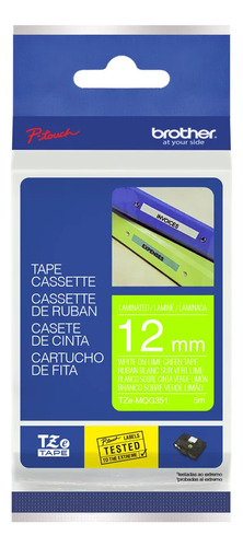 Cinta Brother Tze-mqg35 12mm Blanco Sobre Verde Limón